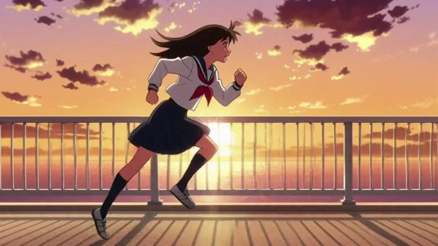 アニメのカット。朝焼けの長い橋を、制服の少女が全力で走る。髪とスカートが風でなびく。カメラは横から並走し、最後に少女が空を見上げて笑う。セリフなし。疾走感のある BGM。