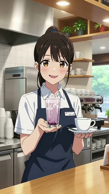 アニメのカット。カフェの新作ドリンク「ラベンダーラテ」の CM。カウンターで店員の女の子がグラスを差し出し、「春だけの、ラベンダーラテ」と言う。カップから湯気。最後にグラスのアップ。明るく軽い BGM。