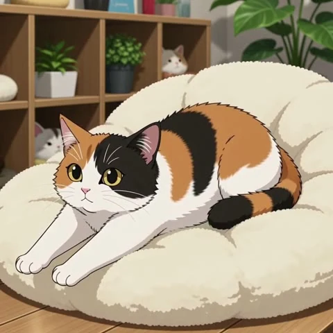 アニメのカット。猫カフェ。三毛猫がクッションの上で伸びをして、こちらをじっと見る。人は出てこない。猫の鳴き声と静かな店内の音。セリフなし。