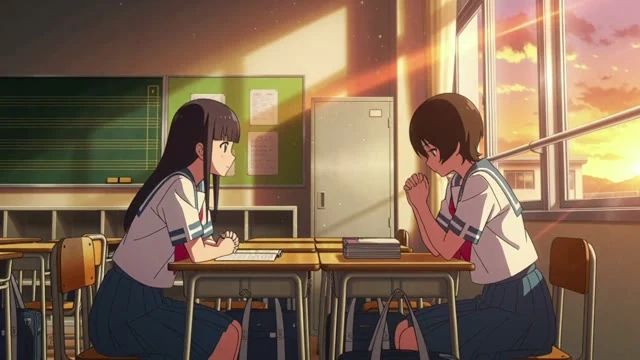 アニメのカット。放課後の教室。二人の女子高生が向かい合って座っている。一人が「明日、本当に行くの?」と聞き、もう一人が「うん、決めたから」と答える。夕方の光。