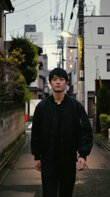 実写のカット。縦動画。東京の裏通りを、黒いジャケットの若い男性が歩いてくる。カメラに気づいて軽く手を上げ、「よっ」と言う。セリフは短く。