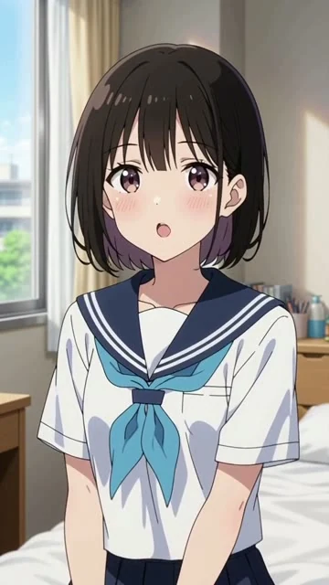 アニメのカット。縦動画。部屋で制服の女の子がカメラに向かって話す。「今日はね、ちょっといいことがあったんだ」と言って、照れたように笑う。明るい昼の窓の光。