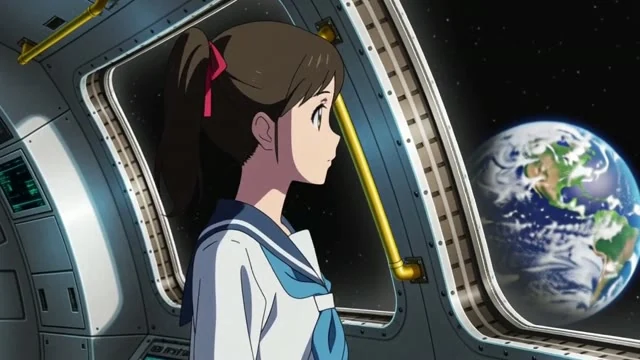 アニメのカット。SF。宇宙ステーションの窓際で、制服の女子高生が地球を見下ろしている。警報が鳴り、彼女が振り向いて「来た」とつぶやく。青い非常灯。