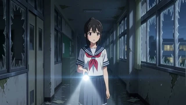 アニメのカット。ホラー。夜の廃校の廊下。女子高生が懐中電灯を持ってゆっくり進む。後ろで何かが動く音。彼女が振り返って息をのむ。セリフなし。