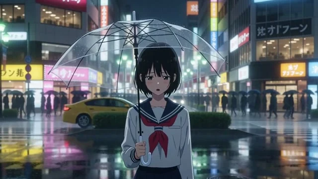 アニメのカット。映画風。雨の夜の繁華街。傘をさした女子高生がネオンの下で立ち止まり、「もう帰らない」と小さく言う。雨音とネオンの反射。