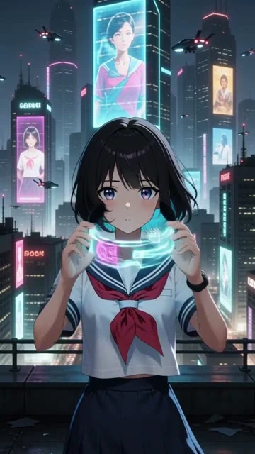アニメのカット。サイバーパンク。未来都市のビルの屋上。ホログラムの広告が流れる中、制服の少女がバイザーを外して街を見下ろす。セリフなし。電子音。