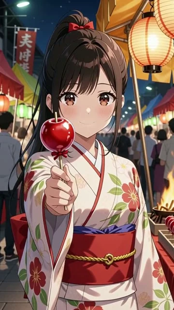 アニメのカット。夏祭り。浴衣の女子高生が屋台の前でりんご飴を持ち、「はい、半分こ」とこちらに差し出す。提灯の光と祭囃子。