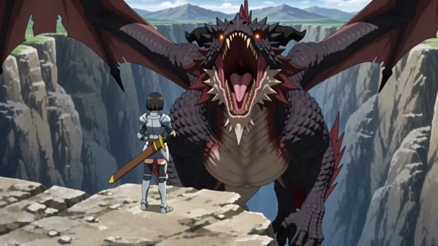 アニメのカット。ファンタジー。崖の上で、鎧をまとった少女が巨大な竜と向かい合う。竜が咆哮し、少女は剣を抜いて「行くぞ」と言う。