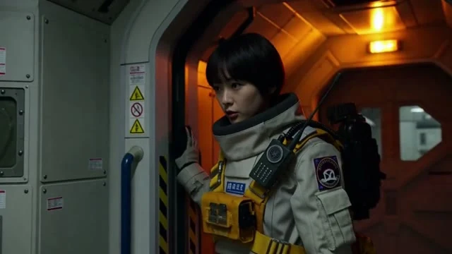 実写のカット。SF。宇宙船の薄暗い通路を、作業服の若い女性が壁に手を添えて進む。非常灯が点滅する。彼女が無線に「こちら第 3 区画、異常なし」と言う。