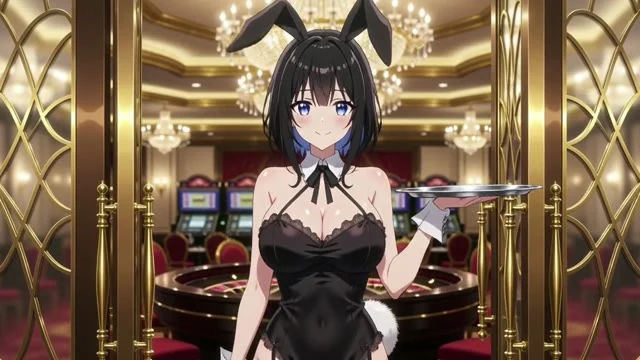 アニメのカット。美少女アニメ。きらびやかなカジノの入り口で、黒のバニーガール衣装の女性がトレイを持って一礼し、「ようこそ、ご主人様」と微笑む。シャンデリアの光とルーレットの音。
