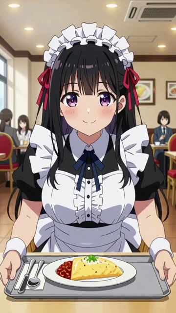 アニメのカット。縦動画。メイド喫茶。フリルのメイド服の少女がオムライスを運んできて、カメラに向かって「おいしくなーれ」と手でハートを作る。