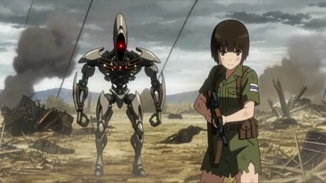 アニメのカット。SF 戦争もの。荒野の塹壕。金属の骨格をむき出しにした細身の戦闘ロボット(頭部は細長い楕円で単眼)が、砲撃の中を歩兵の少女の前に立ちはだかる。少女はライフルを構えて「来るなら来い」と言う。爆発音と火花。