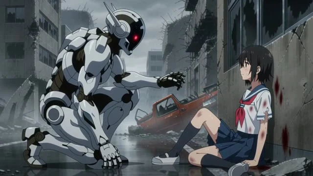 アニメのカット。SF。雨の廃墟都市。白い装甲に赤い単眼の人型ロボットがひざをつき、傷ついた女子高生に手を差し出す。少女は息を切らしながら「…信じていいの?」と言う。雨音と金属のきしみ。
