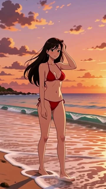 アニメのカット。縦動画。夕暮れの海。赤いビキニの女性が波打ち際を歩き、振り向いて髪をかき上げながら「もう少しだけ、いよう」と言う。波の音。