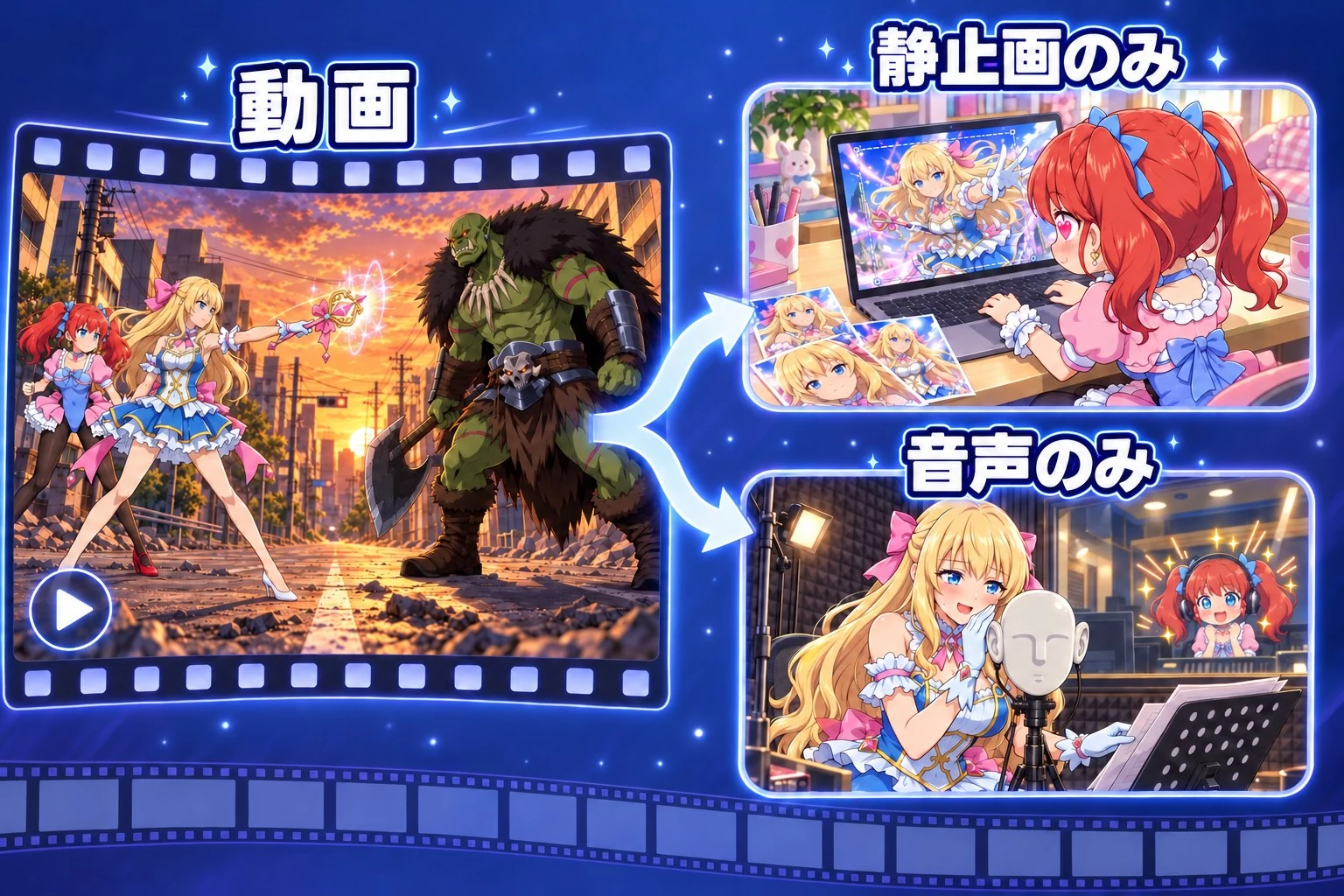 動画から静止画だけ、音声だけを取り出せる