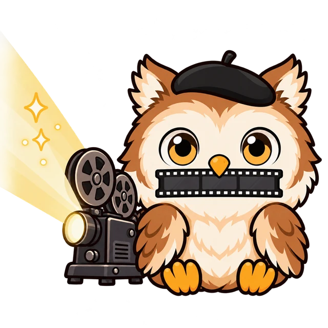 Vidubus のマスコットのフクロウ。映写機の前に座っている。